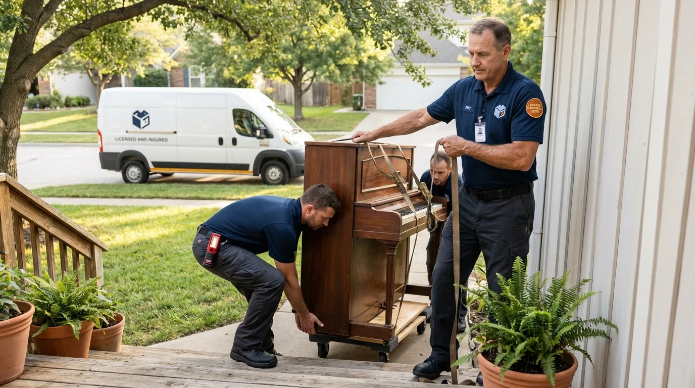 Licensed piano movers securing grand piano in Hillsborough, NJ