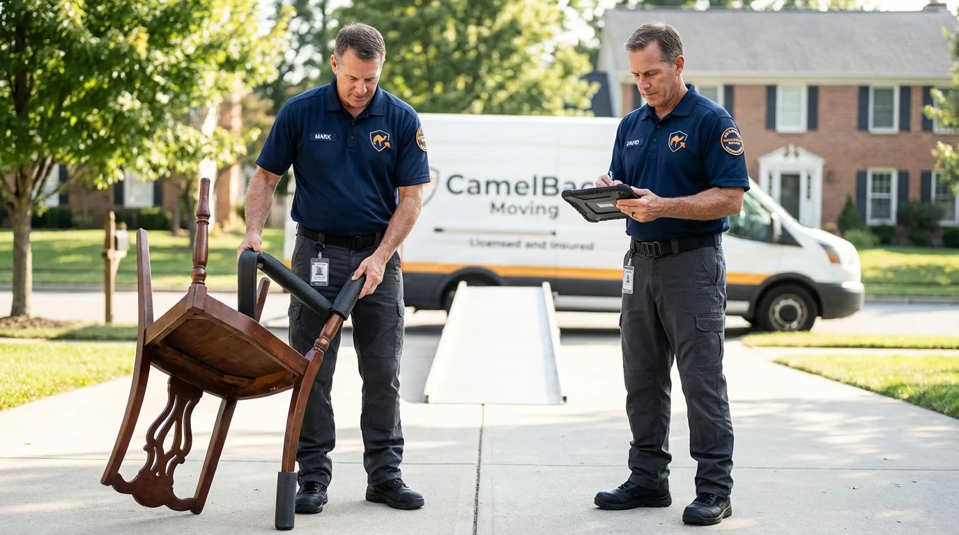 Movers inspecting furniture for damage prevention before loading in Hillsborough, NJ