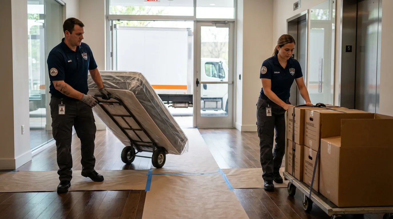 Professional apartment movers loading elevator in Hillsborough, NJ