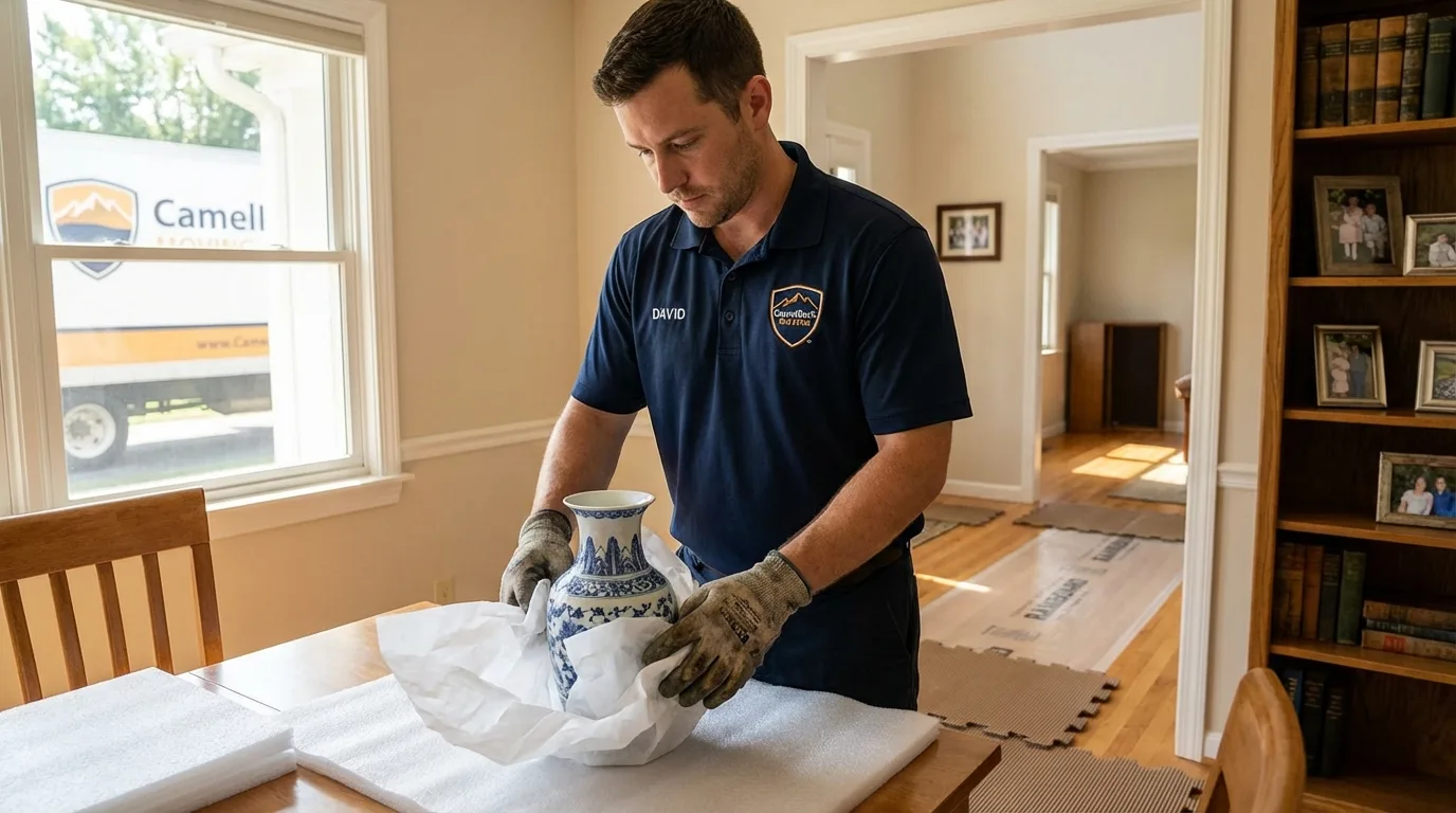 Professional crew carefully wrapping antique vase for senior downsizing move in Hillsborough, NJ