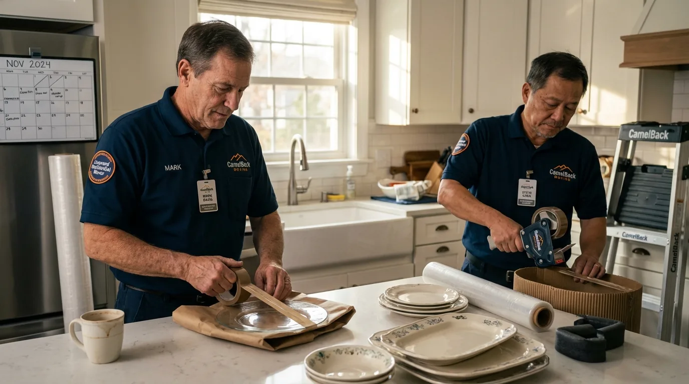 Professional crew packing kitchen dishware in Hillsborough, NJ
